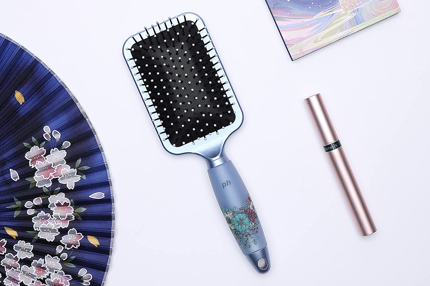 Large Rectangle Paddle Brush | Air Cushion Pad | Nylon Bristles with Epoxy Tips | Silicone Gel Handle with Floral Pattern